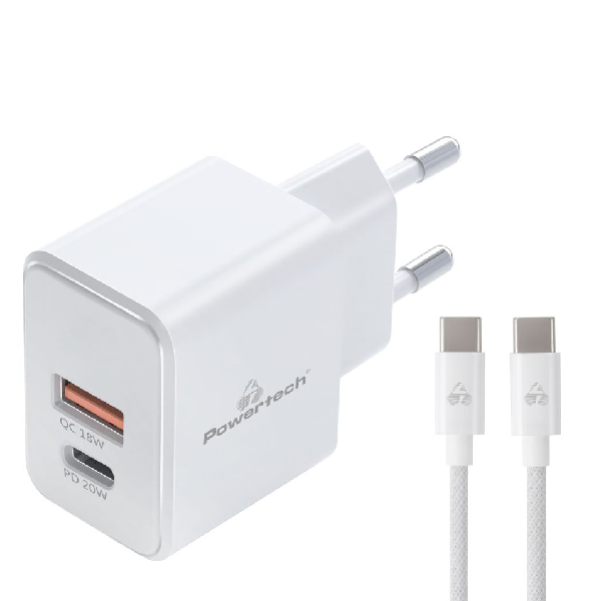POWERTECH PT-1248 ΦΟΡΤΙΣΤHΣ USB-A ΚΑΙ ΘΥΡΑ USB-C 20W POWER DELIVERY QUICK CHARGE ΛΕΥΚΟΣ